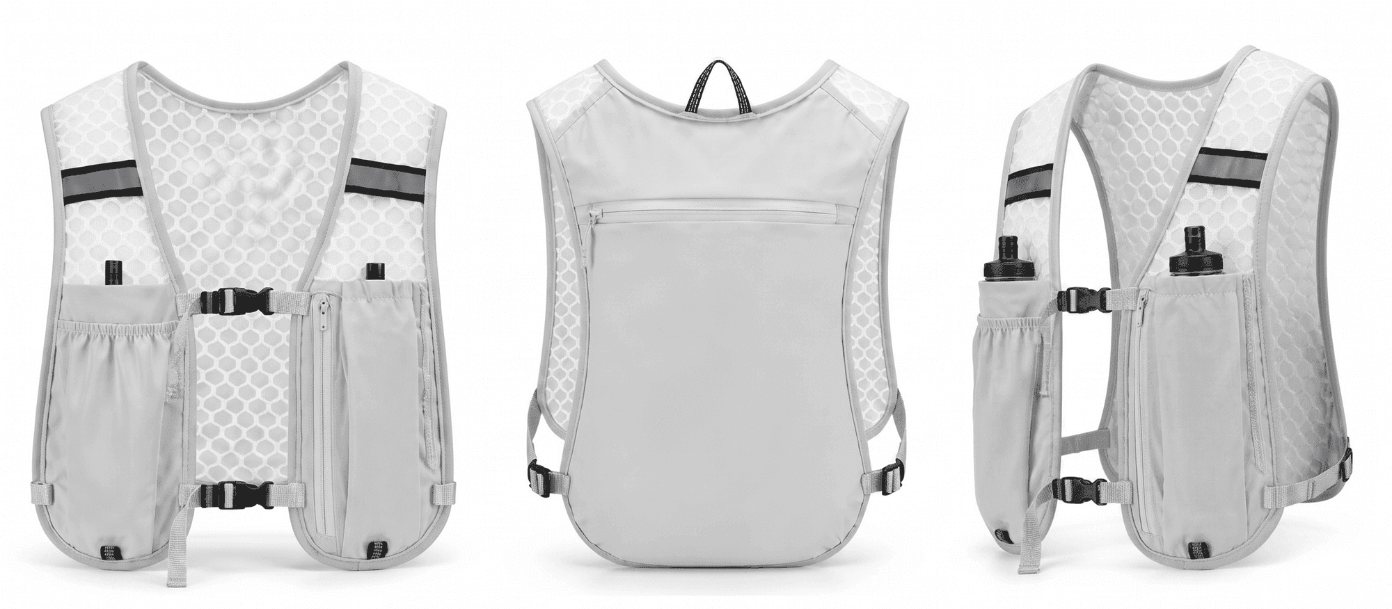 Vues principales du gilet TrailFlow — face, dos, profil