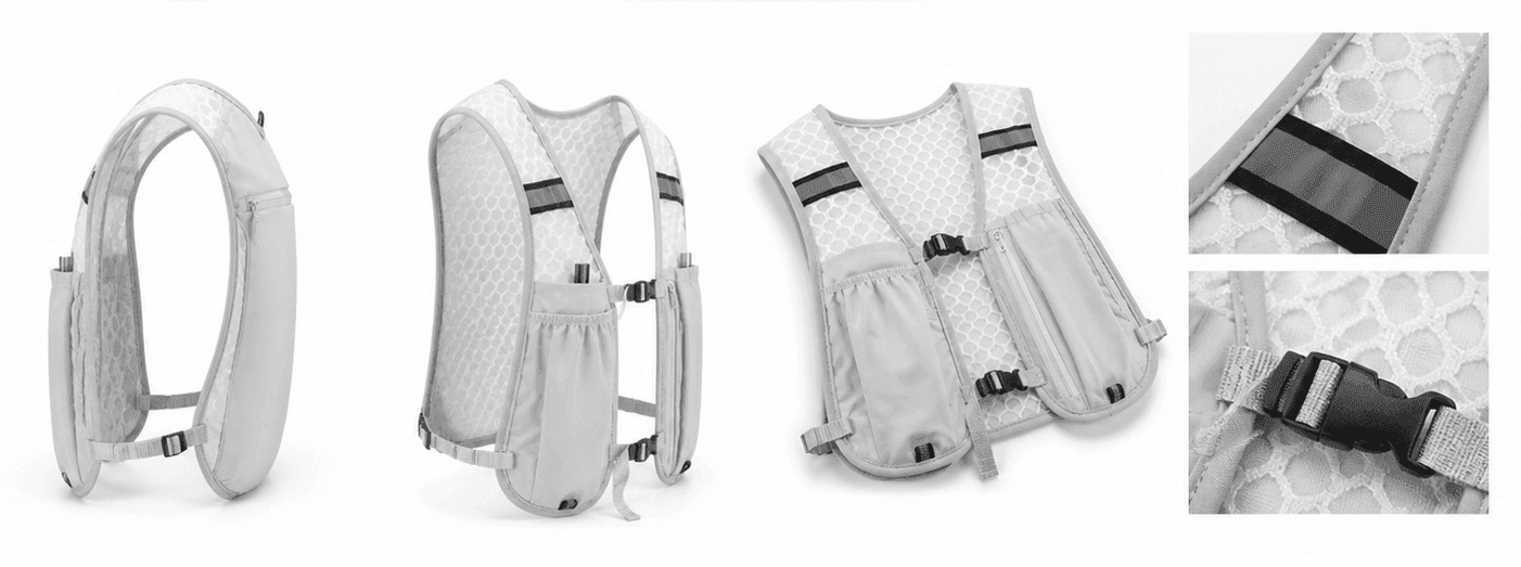 Détails du gilet TrailFlow — bretelle réfléchissante, boucle click